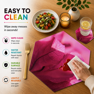 Pink Veins hexagonal paper placemat, magenta veined leaf macro, easy to clean as a hand wipes a spill beside a styled place setting