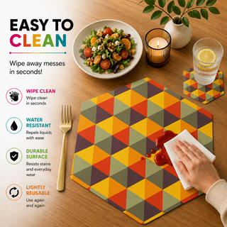 Autumn Geometry hexagonal paper placemat, autumn triangle mosaic in orange red and teal, easy to clean as a hand wipes a spill beside a styled place setting