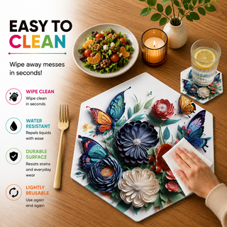 Botanic Dance hexagonal paper placemat, navy 3D florals and butterflies, easy to clean as a hand wipes a spill beside a styled place setting