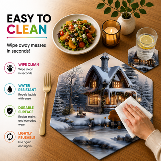 Winter Haven hexagonal paper placemat, snowy winter village landscape, easy to clean as a hand wipes a spill beside a styled place setting