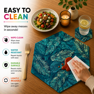 Forest Floor hexagonal paper placemat, teal tropical palm fronds, easy to clean as a hand wipes a spill beside a styled place setting
