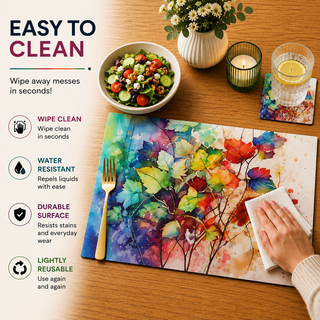Watercolor Foliage rectangular paper placemat, vibrant watercolor autumn maple leaves, easy to clean as a hand wipes a spill beside a styled place setting