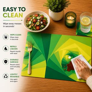 Verdant Spiral rectangular paper placemat, green vortex spiral gradient, easy to clean as a hand wipes a spill beside a styled place setting
