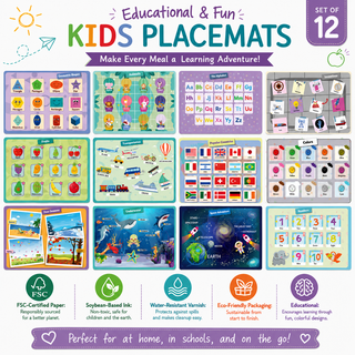 Educational kids paper placemats turning mealtime into learning playtime, reusable set of 12