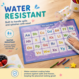 Educational kids paper placemats with alphabet, numbers, shapes, and animal designs