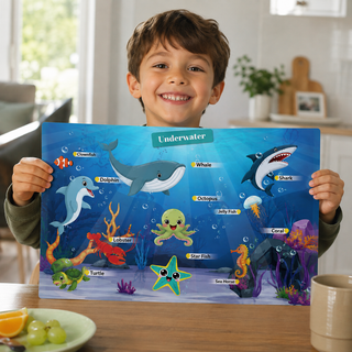 Educational kids paper placemats designed by Sylvia Levy, reusable set of 12