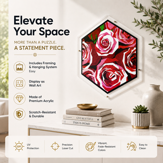 Rose Garden acrylic wall art puzzle designed by Sylvia Levy, painterly red and pink roses