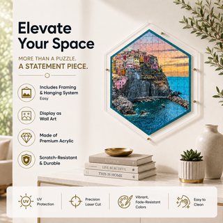 Amalfi Escape acrylic puzzle with included frame and hanging hardware, ready to hang wall art