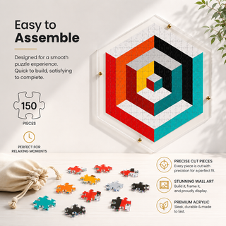 Abstract Harmony acrylic puzzle with included frame and hanging hardware, ready to hang wall art