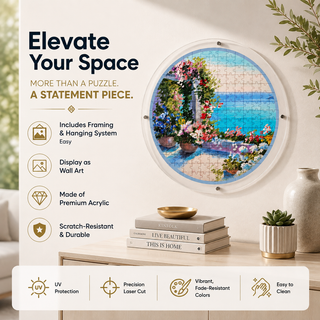 Mediterranean Balcony acrylic puzzle with included frame and hanging hardware, ready to hang wall art