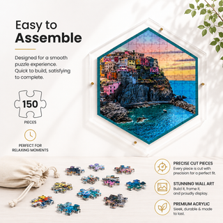 Amalfi Escape acrylic wall art puzzle, 150 laser cut acrylic pieces, hexagonal 14x14 inch