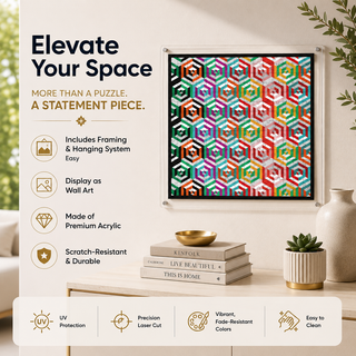 Hexillusion acrylic wall art puzzle designed by Sylvia Levy, rainbow 3D hexagonal cube op art