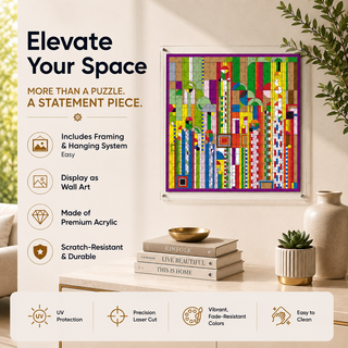 Creation Rhythm acrylic wall art puzzle designed by Sylvia Levy, Frank Lloyd Wright style geometric color bands