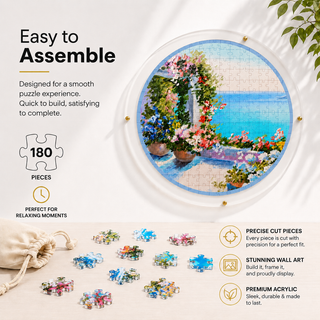 Mediterranean Balcony acrylic wall art puzzle, 180 laser cut acrylic pieces, round 14 inch