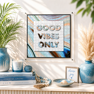 Good Vibes Only acrylic puzzle wall art displayed in a modern living room