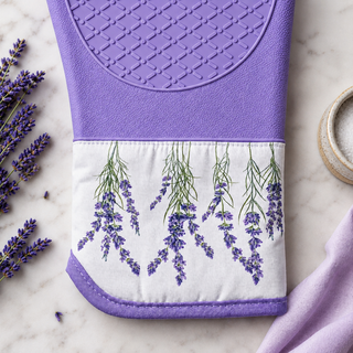 Lavender Breeze heat resistant 550°F silicone oven mitt surface detail with cotton cuff