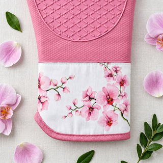 Orchid Bloom heat resistant 550°F silicone oven mitt surface detail with cotton cuff