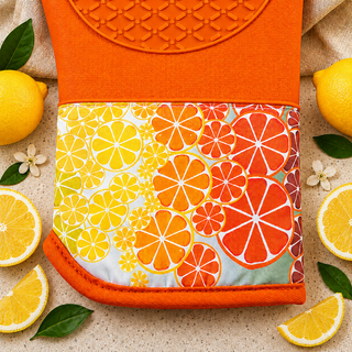 Citrus Grove heat resistant 550°F silicone oven mitt surface detail with cotton cuff