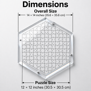 Prism Light acrylic puzzle size guide, hexagonal 14x14 inch framed hangable wall art