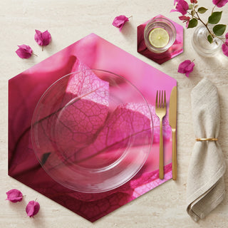 Pink Veins paper placemat styled place setting with coordinated coaster and dinner plate