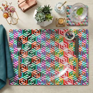 Vibrant Hive paper placemat styled place setting with coordinated coaster and dinner plate