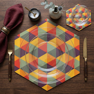 Autumn Geometry paper placemat styled place setting with coordinated coaster and dinner plate