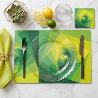 Verdant Spiral paper placemat styled place setting with coordinated coaster and dinner plate