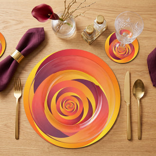 Golden Sunset paper placemat styled place setting with coordinated coaster and dinner plate