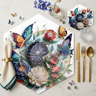 Botanic Dance paper placemat styled place setting with coordinated coaster and dinner plate