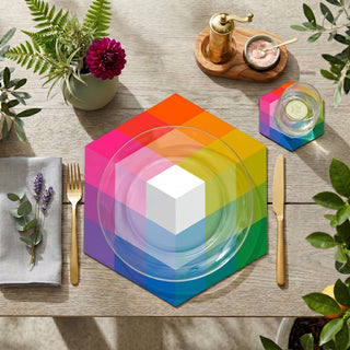Optic Prism paper placemat styled place setting with coordinated coaster and dinner plate