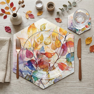 Painted Foliage paper placemat styled place setting with coordinated coaster and dinner plate