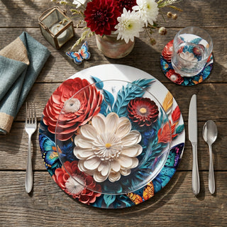 Enchanted Garden paper placemat styled place setting with coordinated coaster and dinner plate