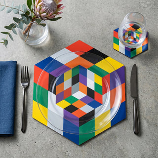 Cubist Blocks paper placemat styled place setting with coordinated coaster and dinner plate