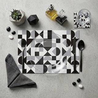 Monochrome Balance paper placemat styled place setting with coordinated coaster and dinner plate