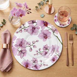Orchid Reverie paper placemat styled place setting with coordinated coaster and dinner plate