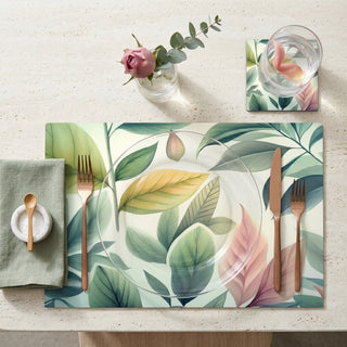 Pastel Foliage paper placemat styled place setting with coordinated coaster and dinner plate