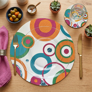 Concentric Pop paper placemat styled place setting with coordinated coaster and dinner plate