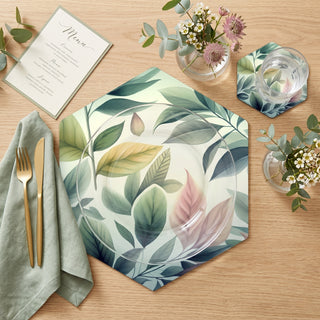 Pastel Foliage paper placemat styled place setting with coordinated coaster and dinner plate