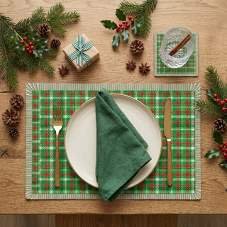 Holiday Threads paper placemat styled place setting with coordinated coaster and dinner plate