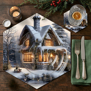 Winter Haven paper placemat styled place setting with coordinated coaster and dinner plate