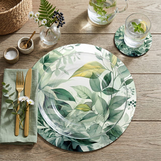 Tranquil Foliage paper placemat styled place setting with coordinated coaster and dinner plate