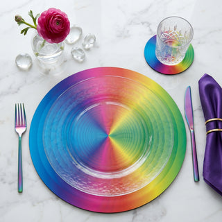 Radiant Disc paper placemats on a dining table set for a family dinner with centerpiece