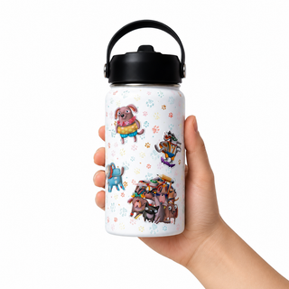 Hand holding the Furry Friends decorated kids water bottle, 14oz BPA free stainless steel