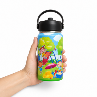 Hand holding the Playground Pals decorated kids water bottle, 14oz BPA free stainless steel