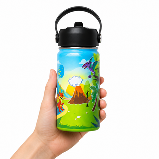 Hand holding the Dino Land decorated kids water bottle, 14oz BPA free stainless steel