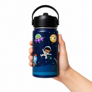 Hand holding the Space Explorer decorated kids water bottle, 14oz BPA free stainless steel
