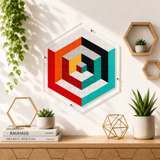 Abstract Harmony hangable acrylic wall art puzzle mounted on the wall above a shelf