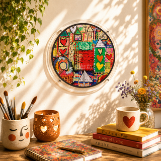 Painted Mosaic hangable acrylic wall art puzzle mounted on the wall above a shelf