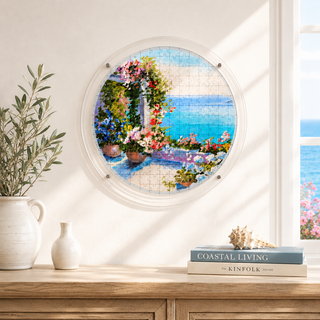 Mediterranean Balcony acrylic puzzle wall art displayed in a modern living room