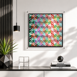 Hexillusion hangable acrylic wall art puzzle mounted on the wall above a shelf
